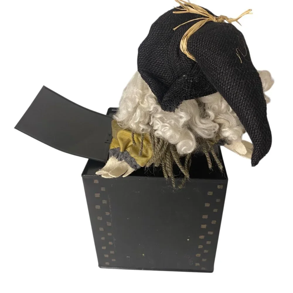 Vintage Jack-In-The-Box Scarecrow Witch‎ Figure Black Metal Box Halloween Prop